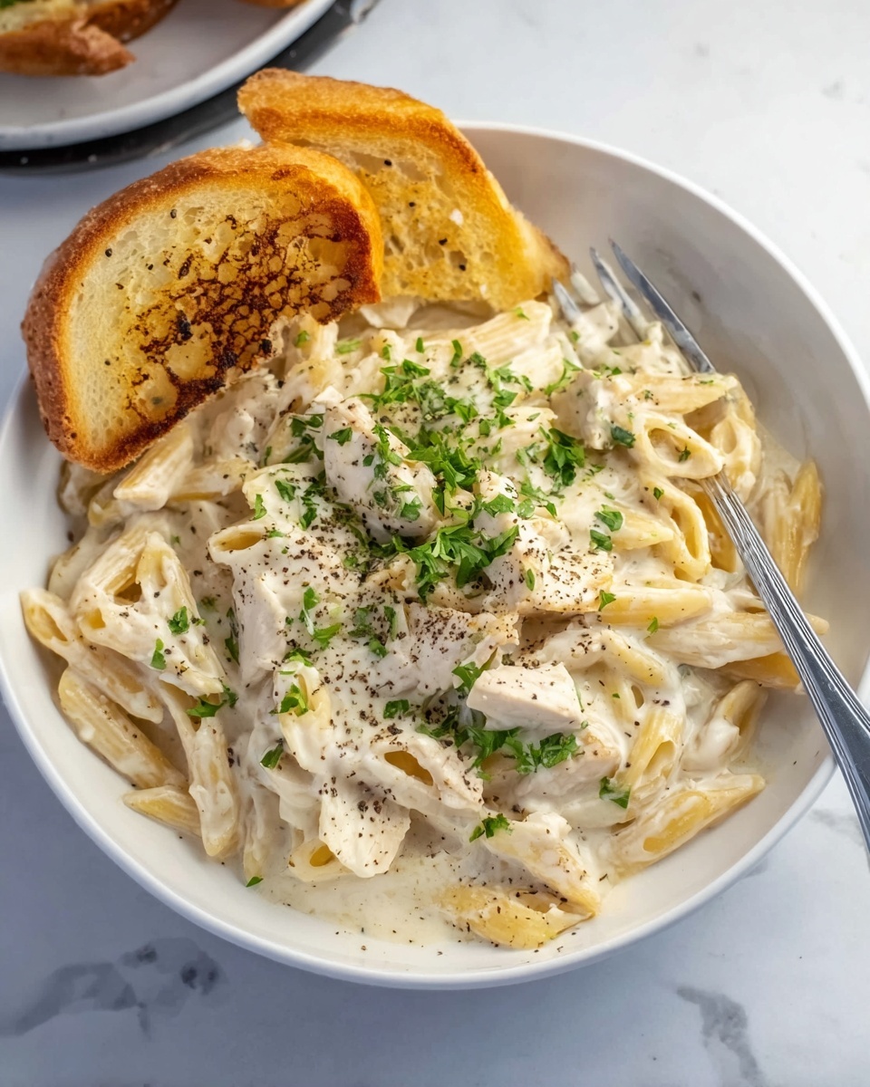 A white bowl filled with creamy white pasta, covered in a thick sauce with small pieces of white chicken and sprinkled with green parsley and black pepper. Two slices of golden toasted bread sit on the left side of the bowl, and a silver fork rests inside the bowl on the right. The bowl is placed on a white marbled surface. photo taken with an iphone --ar 4:5 --v 7