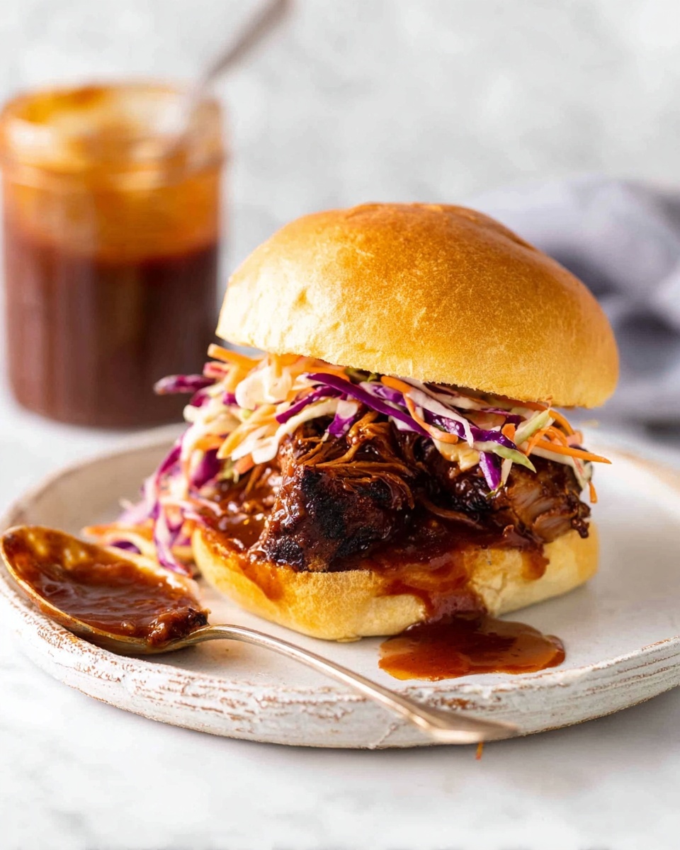 A sandwich on a soft, shiny light brown bun with a slightly glossy top layer. Inside, dark brown grilled meat coated with a thick reddish-brown sauce sits on a crisp, light-colored slaw made of thin purple and orange vegetable strips. The sandwich is placed on a white plate with a distressed edge, on a white marbled surface. Behind the sandwich, there is a jar filled with the same sauce and a spoon with some sauce dripping onto the plate. Part of the slaw spills slightly out from the sandwich onto the plate photo taken with an iphone --ar 4:5 --v 7