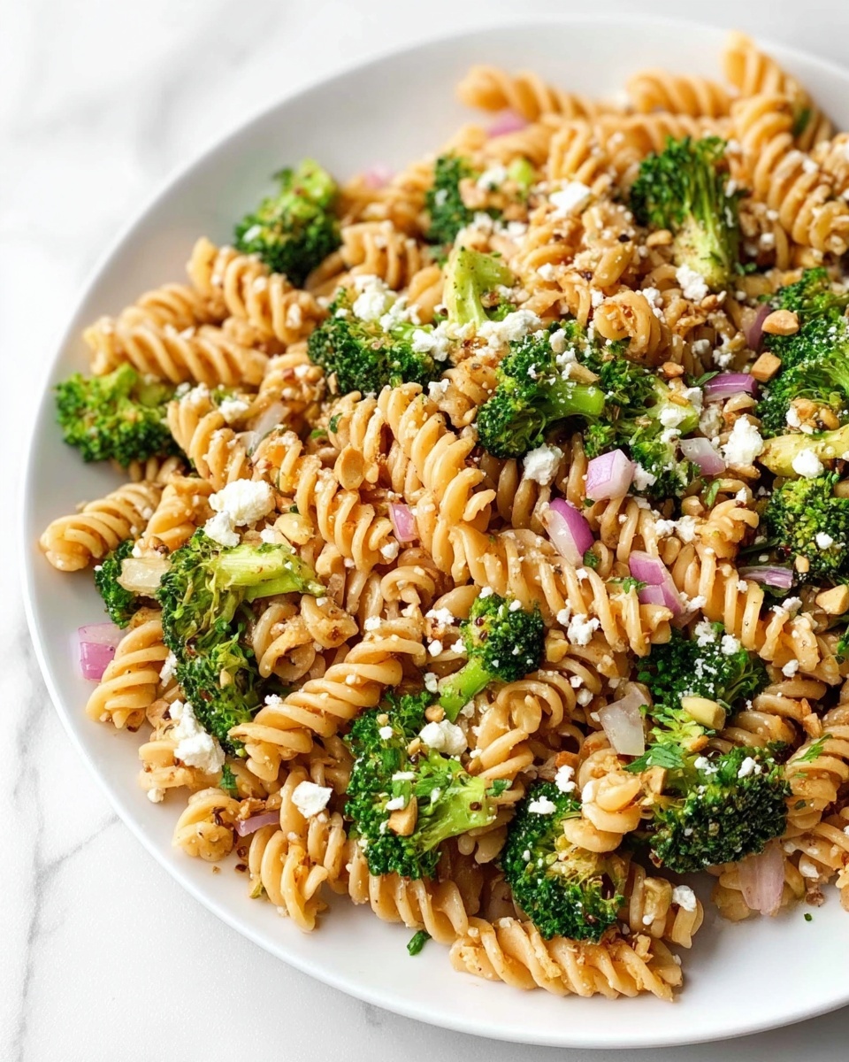 A white plate filled with spiral pasta mixed with small green broccoli florets and finely chopped red onions. The pasta is a light golden color, with a slightly glossy texture, and the broccoli shows a vibrant green with a bit of softness. Small pieces of crumbled white cheese are scattered on top, adding a slight contrast. Bits of crushed nuts add texture throughout the dish. The plate rests on a white marbled surface, with soft natural light highlighting the colors and textures of the food. Photo taken with an iphone --ar 4:5 --v 7