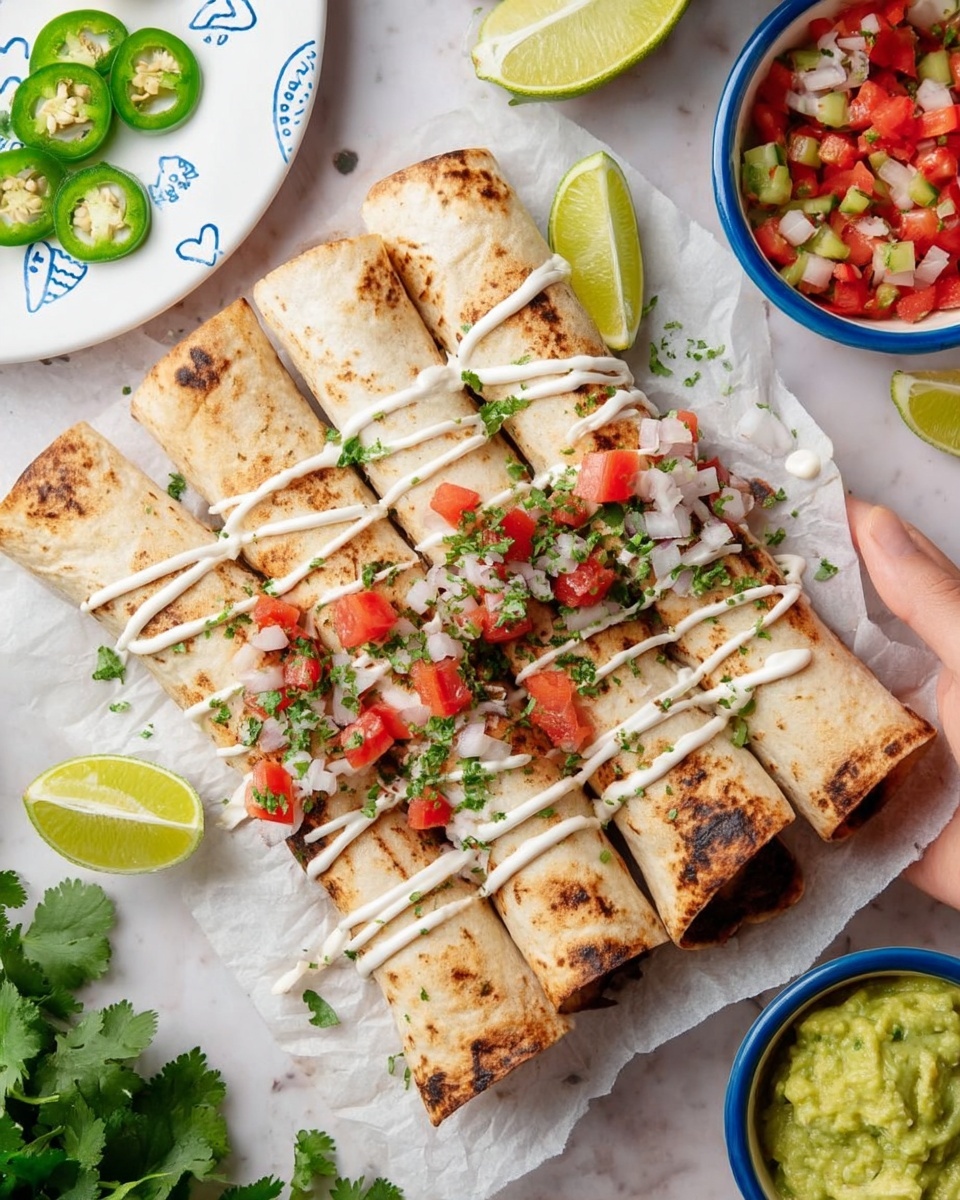 The image shows four rolled taquitos with a golden-brown toasted surface arranged in a slightly messy stack on white parchment paper over a white marbled surface. Each taquito is topped with small diced red tomatoes, white onions, and green herbs, along with thin zigzag lines of white sauce. Around the taquitos are fresh cilantro sprigs, lime wedges, a small white plate filled with sliced green jalapeños on the left, a small blue bowl of chunky green guacamole at the bottom right, and a brown bowl with more diced tomatoes and onions to the right. Photo taken with an iphone --ar 4:5 --v 7