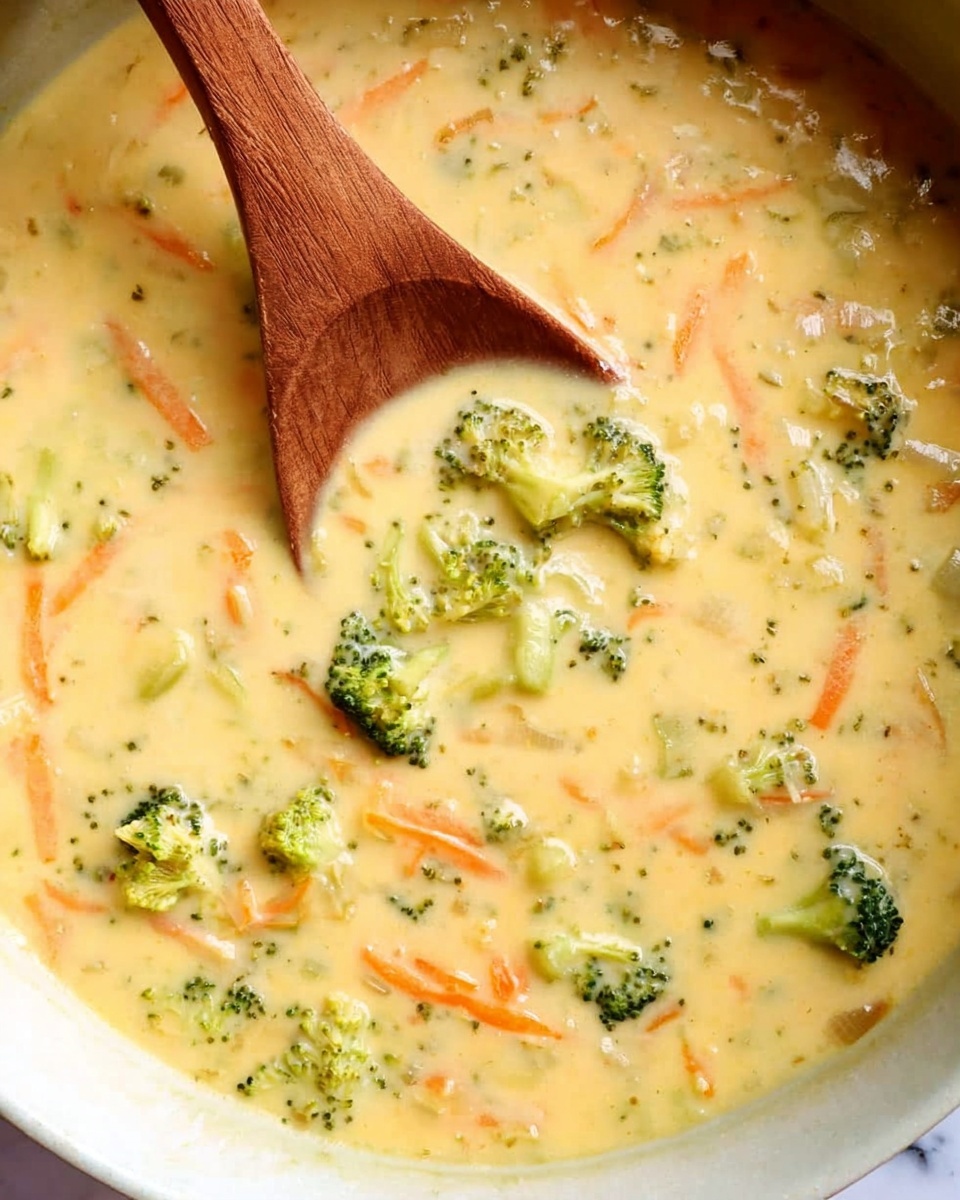 A creamy, thick soup with a light yellow base filled with small green broccoli florets and thin orange carrot strips scattered throughout, with bits of lightly cooked onion visible. A wooden spoon is partially submerged in the soup, showing a smooth texture with small vegetable pieces, all set against a white marbled surface. photo taken with an iphone --ar 4:5 --v 7