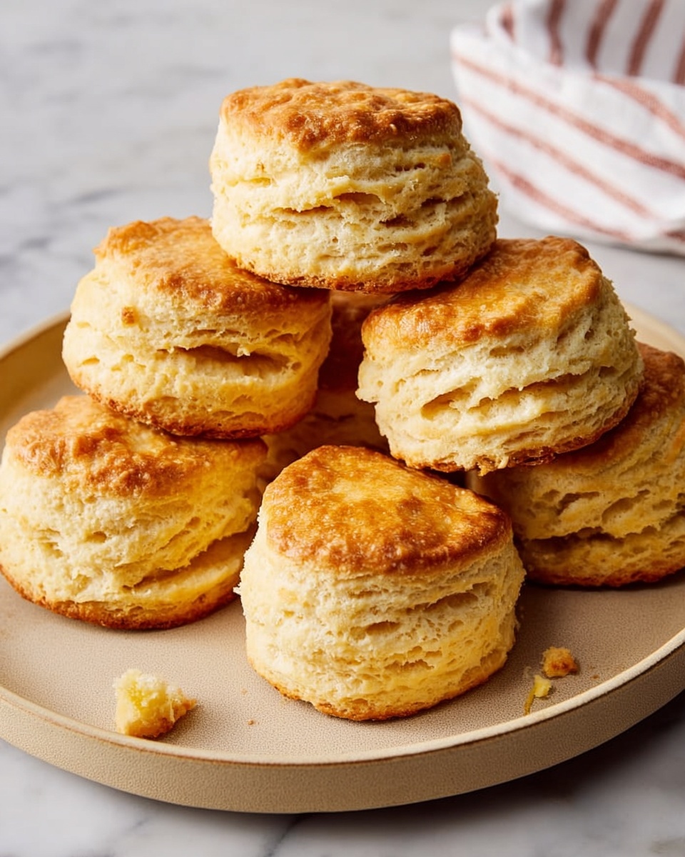 The image shows seven golden brown, layered biscuits with a flaky texture arranged on a round beige plate. Each biscuit has multiple visible layers with a slightly crumbly surface and a soft, fluffy inside. The biscuits are unevenly stacked and appear freshly baked, with a light crispy top and a pale yellow interior. The plate sits on a white marbled surface with a striped cloth in the background. There are small biscuit crumbs scattered on the plate. photo taken with an iphone --ar 4:5 --v 7