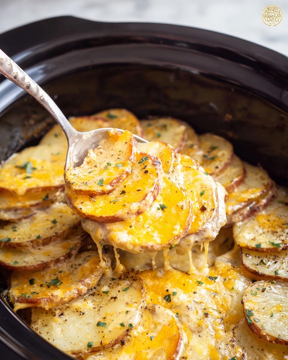 A close-up of a slow cooker full of a layered potato and cheese dish, with several layers of thin, round potato slices visible, each layer topped with melted golden-yellow cheese that has bubbly, slightly browned spots. The potatoes have crispy, light brown edges and are sprinkled with small green herb flakes and black pepper throughout. A silver spoon scoops a portion from the middle, lifting stacked slices of potatoes with melted cheese dripping between them. The dish sits on a white marbled surface. Photo taken with an iphone --ar 4:5 --v 7