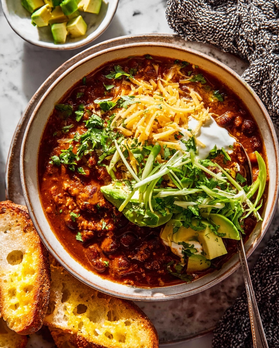 The dish is a bowl of rich chili with a dark red, thick sauce as the base layer, filled with visible chunks of cooked beans and ground meat. On top, shredded cheddar cheese in bright yellow-orange is scattered heavily mostly near the edges. There are dollops of white sour cream melting into the chili on one side. Slices of fresh green avocado chunks are layered in the center, topped with long, thin strips of green onion and chopped cilantro, adding fresh green colors and textures on top. The bowl is placed on a white marbled surface, next to two pieces of toasted bread with melted yellow butter spread on one, and a small white bowl containing diced avocado in the background. photo taken with an iphone --ar 4:5 --v 7