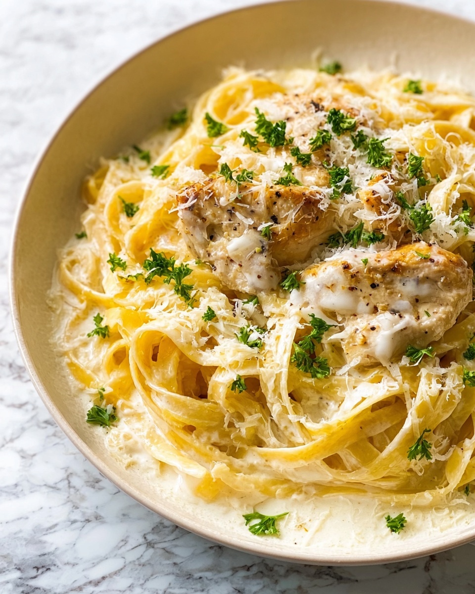 A round white plate with speckled edges is filled with a base layer of creamy, light yellow fettuccine pasta, showing smooth, flat ribbons coiled loosely. On top of the pasta are three pieces of cooked chicken, creamy white with light golden brown spots, covered in a melted white sauce. The dish is sprinkled with shredded white cheese and chopped fresh green herbs scattered evenly around. The background is a white marbled surface. Photo taken with an iphone --ar 4:5 --v 7