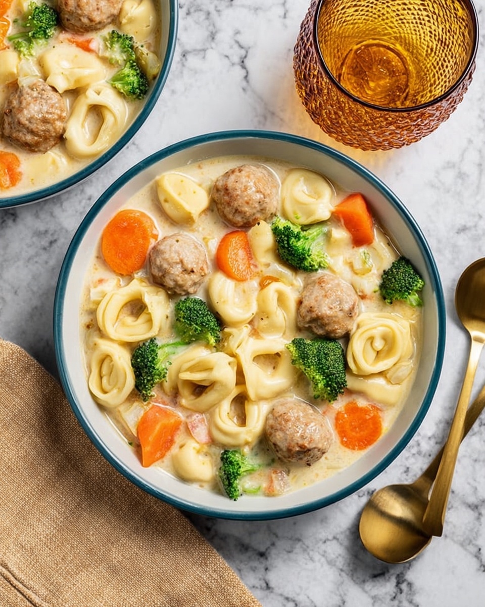 The image shows a white bowl filled with a creamy tortellini soup. The soup has three main layers: at the bottom, a light cream base; on top of that, small meatballs with a smooth, light brown color are scattered evenly. There are also bright orange carrot sticks and green broccoli florets placed between the meatballs, adding color contrast. Creamy, round tortellini pasta with pale yellow tones is mixed throughout the bowl, making the dish look full and rich. The bowl is placed on a white marbled surface, next to a beige cloth with two gold spoons on it, and a clear amber glass with textured details in the background. Photo taken with an iphone --ar 4:5 --v 7