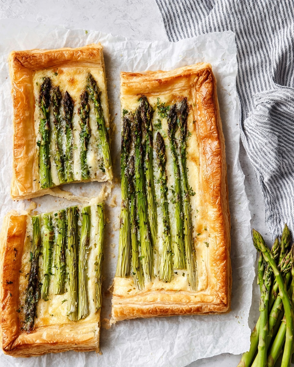 The image shows a square-shaped tart with two pieces sliced and slightly separated, placed on white crumpled parchment paper over a white marbled surface. The tart has a golden-brown puff pastry crust with a flaky texture and a slightly raised edge. Inside the crust, there is a layer of melted pale yellow cheese topped with bright green asparagus stalks arranged neatly in parallel lines, covering the entire surface of the tart. The asparagus tips are darker green and slightly charred. To the top right side of the tart, there are fresh green asparagus stalks placed next to a striped cloth napkin. Photo taken with an iphone --ar 4:5 --v 7