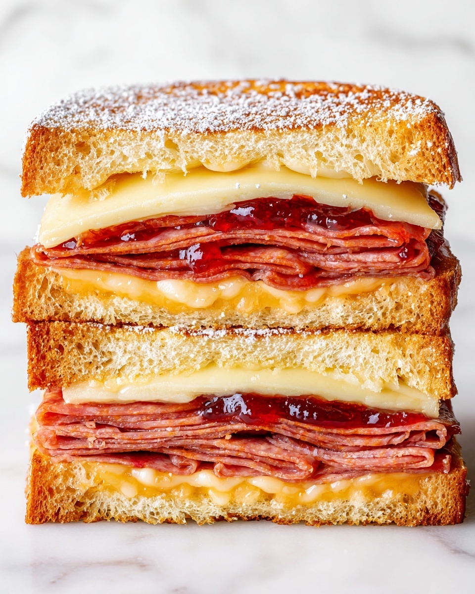 This image shows a close-up of a thick sandwich cut in half and stacked. It has three layers of toasted bread with a golden, slightly crispy texture dusted with powdered sugar. Inside, there are two layers of thinly folded reddish-brown meat, each topped with a bright red jam spread. There are also two layers of melted pale yellow cheese between the bread and meat. The background is plain white marbled texture. photo taken with an iphone --ar 4:5 --v 7