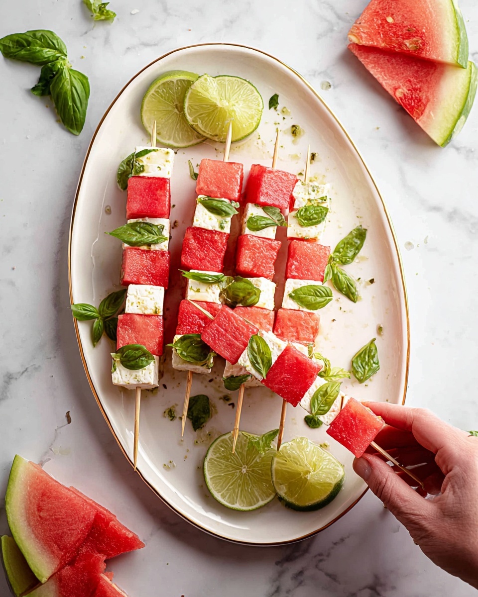 The image shows six skewers on a white oval plate with a thin gold edge, each skewer with three layers of bright red watermelon cubes, two layers of white feta cubes, and fresh green basil leaves in between. The watermelon looks juicy and textured, the feta smooth and slightly crumbly, and the basil leaves fresh and vibrant. The plate also has lime wedges with bright green skin and pale yellow flesh around the edges. A woman's hand is holding one skewer at the bottom right. Around the plate on a white marbled surface are extra watermelon slices, lime wedges, and scattered green basil and mint leaves. The photo taken with an iphone --ar 4:5 --v 7