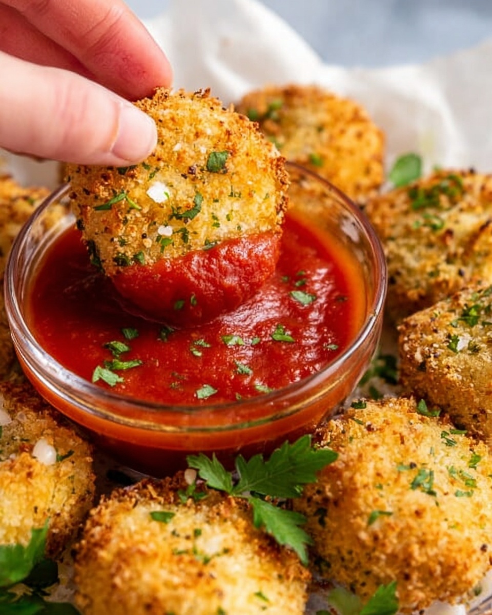 A close-up image shows a woman's hand holding a round, golden brown, crispy baked item coated with herbs and small white bits, dipping it into a small clear glass bowl filled with thick, bright red tomato sauce. Around the bowl, several more of the crispy baked items sit on a clear glass plate that rests on a white marbled surface. Green leafy garnish is placed around the plate edges, adding fresh color contrast. The lighting is soft, emphasizing textures and warm colors. photo taken with an iphone --ar 4:5 --v 7