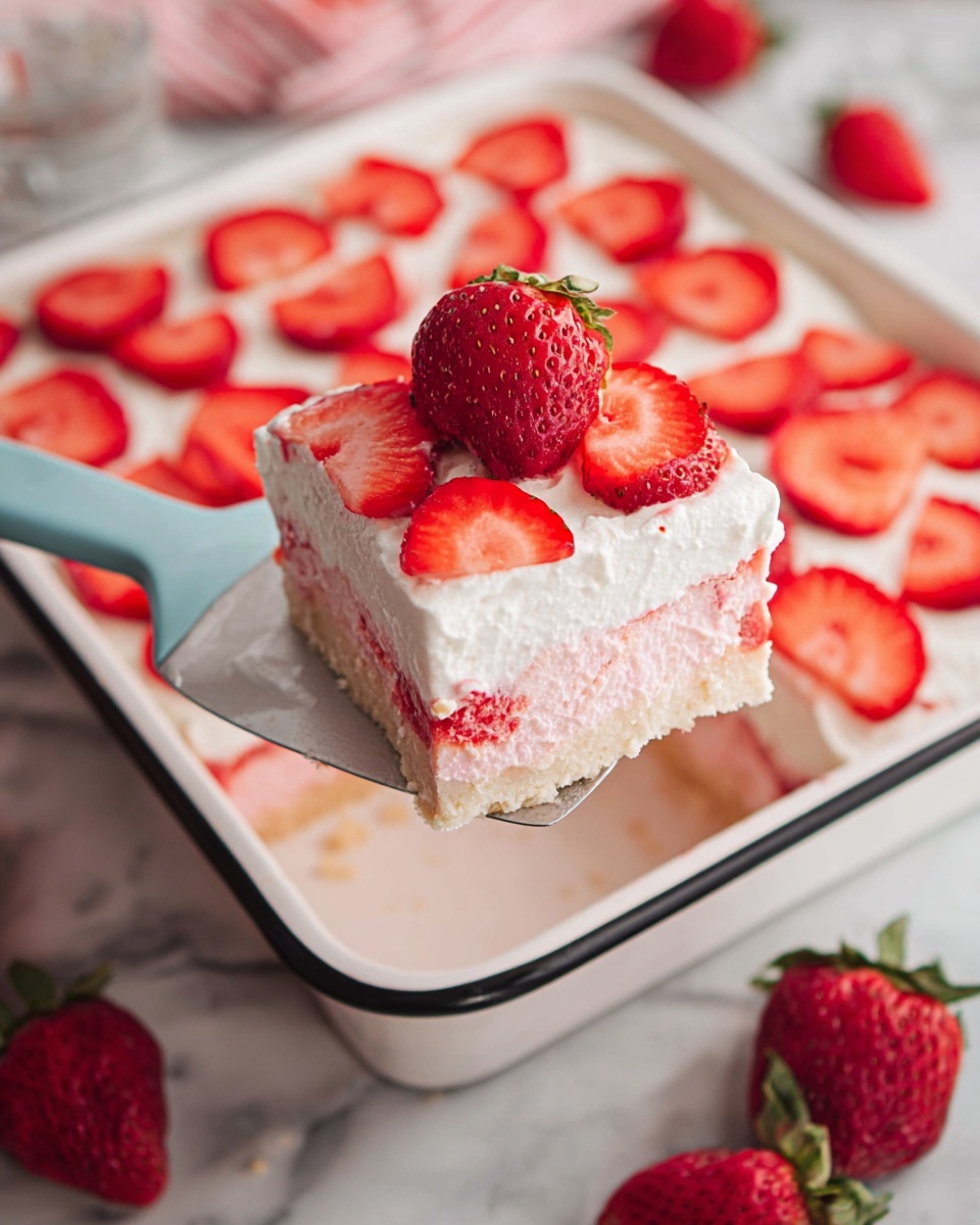A square piece of layered dessert is shown on a spatula with a light blue handle, lifted from a white baking dish with black edges. The dessert has three layers: the bottom layer is light pink and moist, the middle layer is thick white cream, and the top layer is decorated with fresh red strawberry slices evenly placed. Whole strawberries are placed beside the baking dish on a white marbled surface, and the background also features strawberry slices scattered in the dish. Photo taken with an iphone --ar 4:5 --v 7