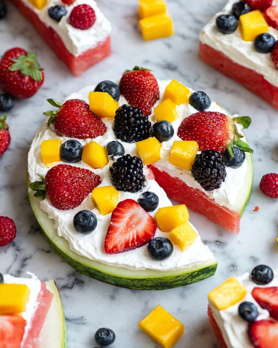The image shows a large round slice of watermelon with its green rind and red flesh as the base layer, topped with a thick white creamy layer spread evenly. On top of the cream layer are vibrant, fresh fruit pieces arranged in a colorful mix: red strawberry halves, black blackberries, dark blue blueberries, bright red raspberries, and small yellow mango chunks. The watermelon slice is cut into smaller triangular pieces, and a single piece is pulled away from the main slice. Additional mixed berries and fruits are scattered on the white marbled surface around the watermelon for a fresh and inviting look. photo taken with an iphone --ar 4:5 --v 7