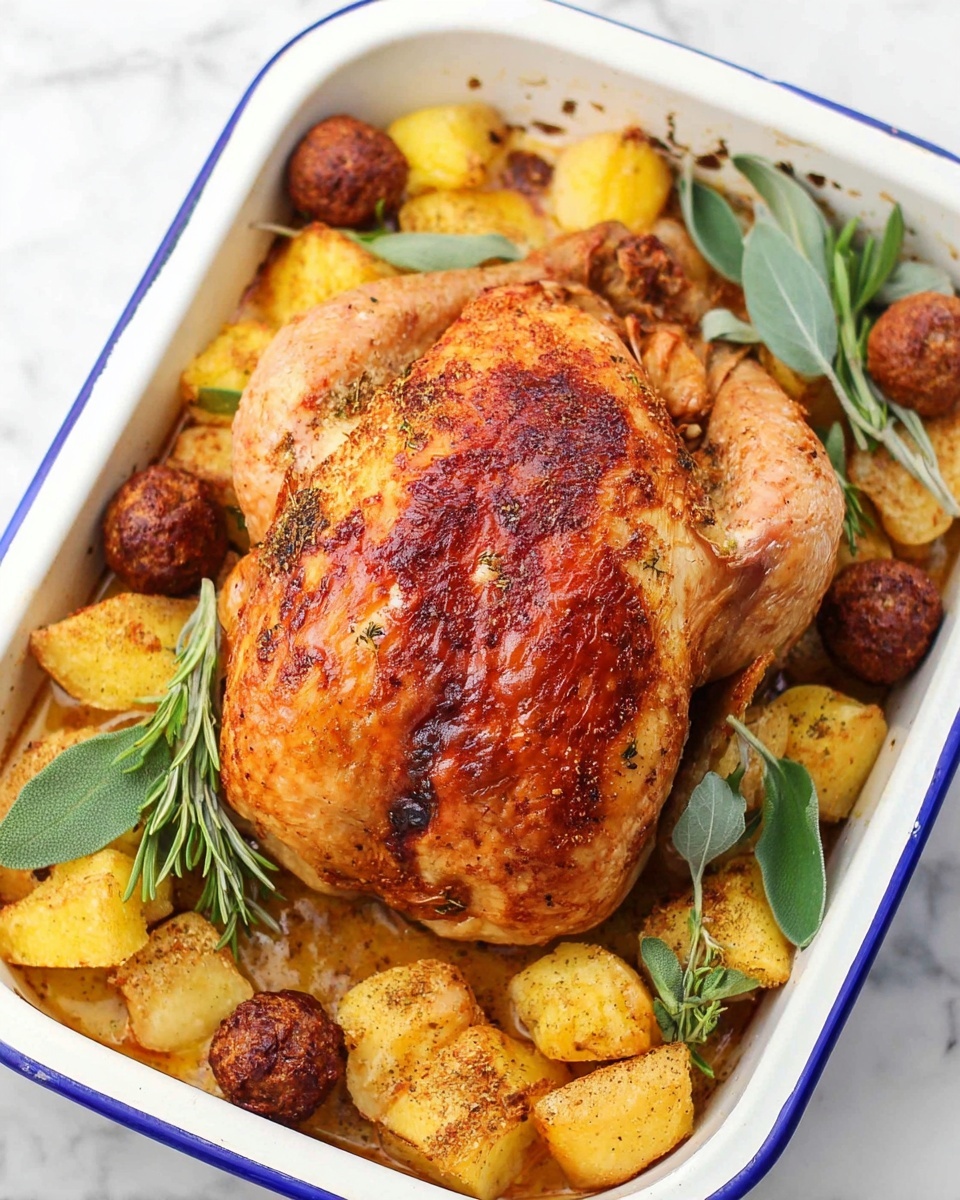 A whole roasted chicken with golden brown, crispy skin is placed in the center of a white enamel baking dish with a blue rim. Surrounding the chicken are several brown, round meatballs and golden-yellow roasted potato chunks, all sprinkled lightly with seasoning. Fresh green rosemary and sage leaves are placed around the edges of the dish to add a pop of color. The dish rests on a white marbled surface. photo taken with an iphone --ar 4:5 --v 7