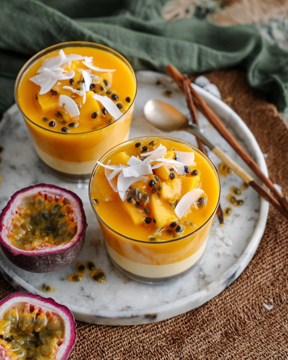 The image shows a small glass dessert cup with three layers: the bottom layer is crumbly and golden brown, the middle layer is smooth and white creamy, and the top layer is bright orange mango or passion fruit puree with small black seeds and white coconut flakes scattered on top. The glass cup is placed on a round white plate with a white marbled texture surface underneath. In the background, there is a blurred half passion fruit and more similar dessert cups visible. The style of the image is close-up, bright, and inviting, photo taken with an iphone --ar 4:5 --v 7