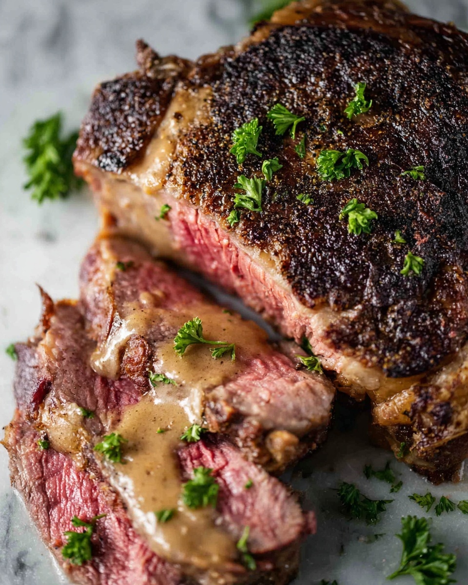 The image shows several slices of cooked steak with a pink center and a dark brown seared crust, laid out on a white marbled surface. Each slice has a smooth light brown sauce drizzled over the top, with small green herb pieces scattered both on the steak and the surface around it. The steak slices are uneven in size and arranged close together in a casual pile. Photo taken with an iphone --ar 4:5 --v 7