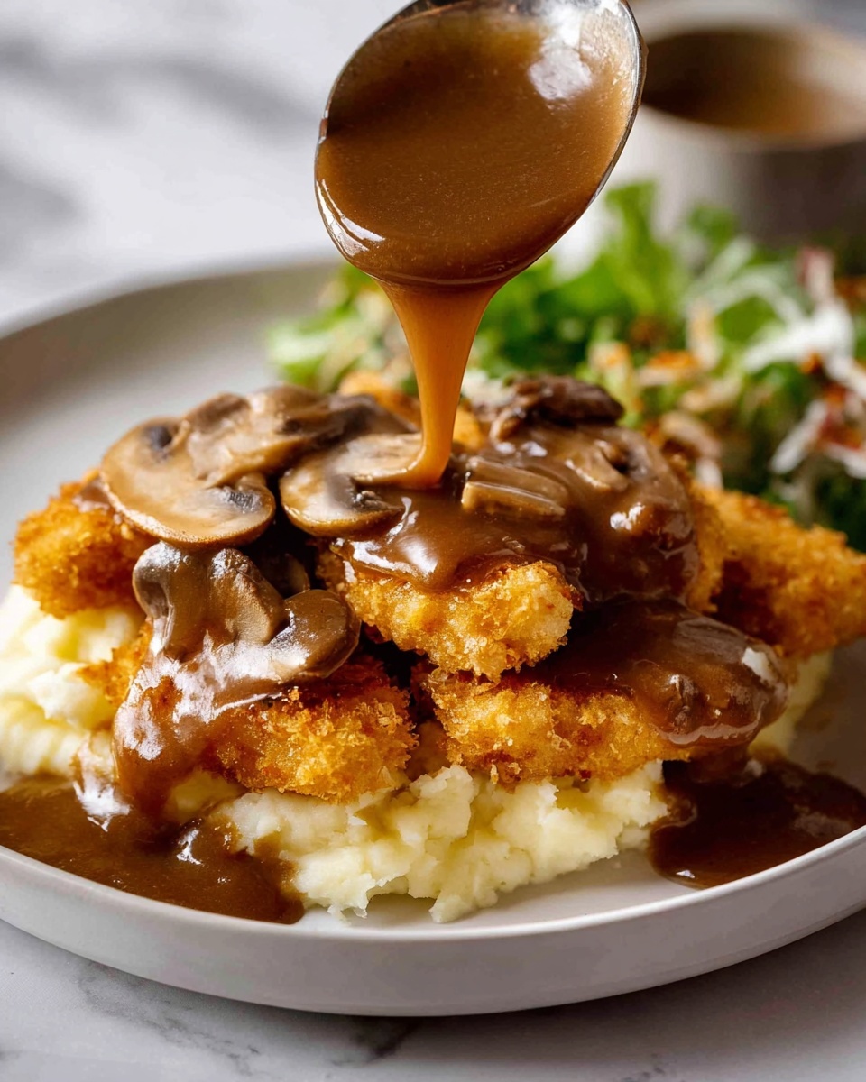 A white plate with a base layer of light-brown creamy mashed potatoes, topped by a thick, crispy golden-brown fried meat layer. The top layer is covered with a rich, glossy brown mushroom gravy with visible whole and sliced mushrooms. A woman's hand is holding a fork, gently pressing into the crispy meat layer, causing the gravy to spread slightly. There is a small portion of green leafy garnish visible on the side, all placed on a white marbled surface. Photo taken with an iphone --ar 4:5 --v 7