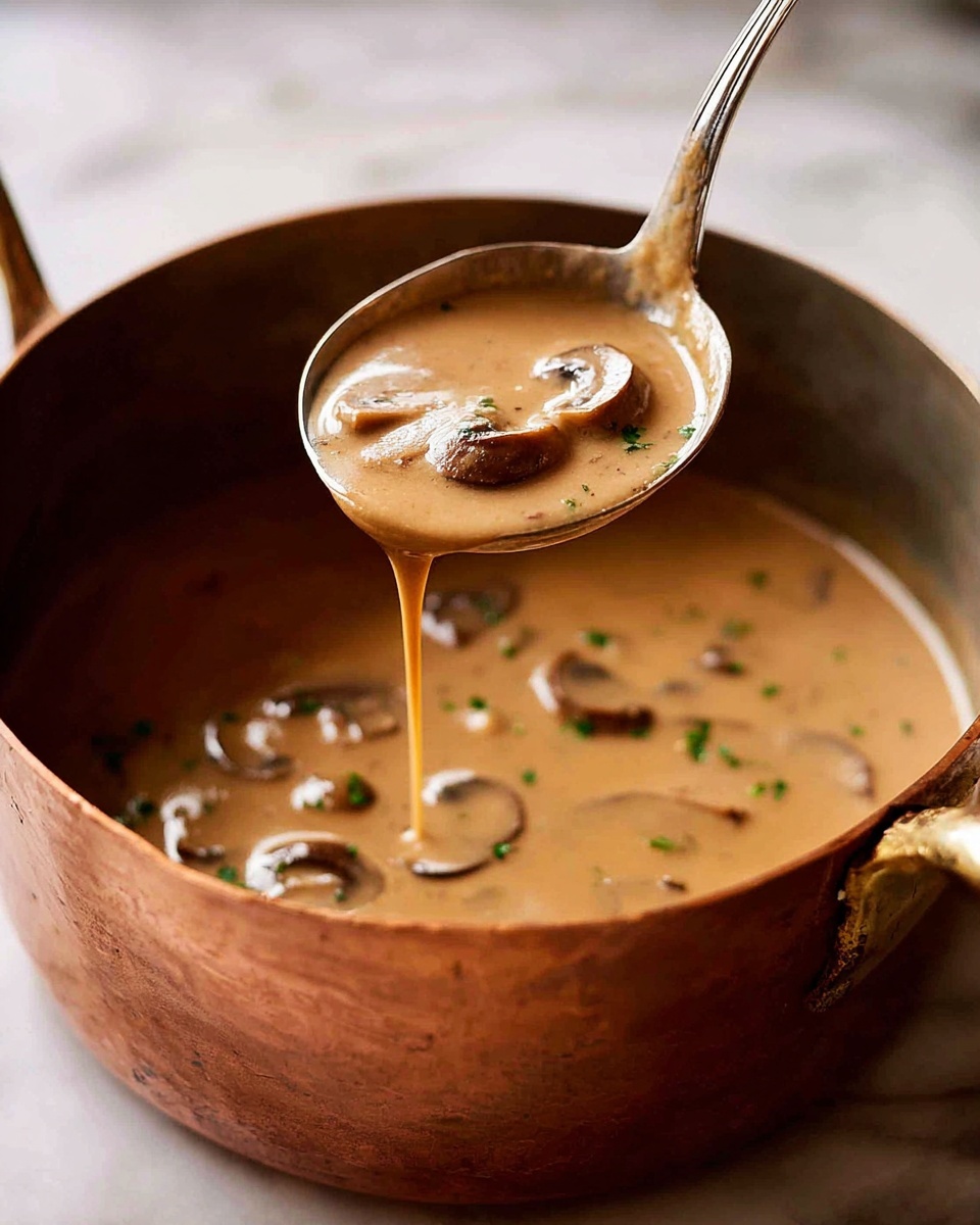 A white plate holds a base layer of creamy mashed potatoes, soft and smooth in texture. On top of the potatoes is a layer of crispy breaded pieces in golden-brown color, arranged neatly. A thick, rich brown gravy with visible mushroom slices is being poured over the breaded pieces from a ladle, covering them and slowly dripping down the sides. In the background, a greens garnish adds a touch of fresh color, all set on a white marbled surface. photo taken with an iphone --ar 4:5 --v 7