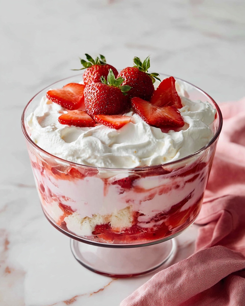 A clear glass bowl filled with a creamy white layer topped with glossy red strawberry slices and whole strawberries, some with green leaves, all arranged in the center. A thin red syrup lightly drizzles over the white cream and around the strawberries. The bowl sits on a white marbled surface beside a soft red cloth, creating a fresh and vibrant look. photo taken with an iphone --ar 4:5 --v 7