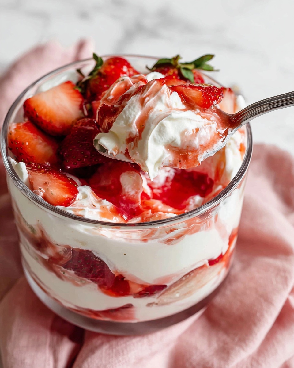 A clear glass bowl filled with a layered dessert, showing three main layers: white creamy whipped cream, bright red strawberry syrup, and fresh red strawberries, some whole with green tops and some sliced, mixed throughout. The top layer has more whipped cream and a generous amount of whole and sliced strawberries, with a shiny strawberry syrup drizzled over. A silver spoon is scooping into the dessert, holding a mix of whipped cream, syrup, and strawberries. The bowl is placed on a soft pink cloth over a white marbled surface. Photo taken with an iphone --ar 4:5 --v 7