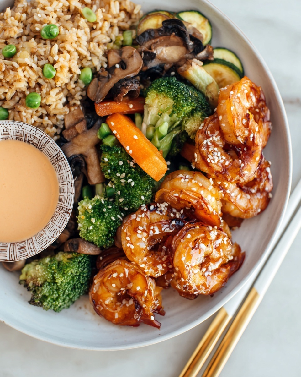 A white plate shows a meal with three main parts. In the front, there are about seven cooked shrimp with a shiny, orange-brown color and some white sesame seeds on top. Behind the shrimp, on the right, there are mixed vegetables with green broccoli, orange carrot slices, and light-colored pieces. On the left side of the plate, there is a serving of brown rice with some green peas mixed in. A small bowl with light beige dipping sauce with a blue and white pattern sits on the far left side of the plate. A pair of golden chopsticks rests diagonally across the plate. The plate is on a white marbled surface. photo taken with an iphone --ar 4:5 --v 7