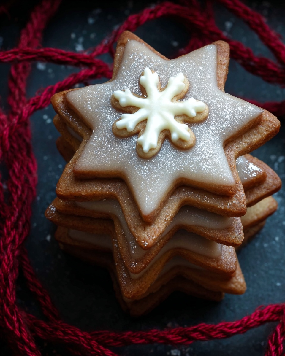 A stack of ten star-shaped cookies, each layer smaller than the one below, arranged like a tree. The cookies are golden brown with a slightly rough texture, and each is topped with white icing that drips slightly over the edges. Between each cookie, small white spacers keep them apart, adding height to the stack. The top cookie is the smallest, also iced, and the stack sits on a dark surface with a soft red yarn loop around the base. In the background, there is a blurred figure wearing a red knitted hat and grey body. The scene has a cozy, festive feel, set on a white marbled surface. photo taken with an iphone --ar 4:5 --v 7