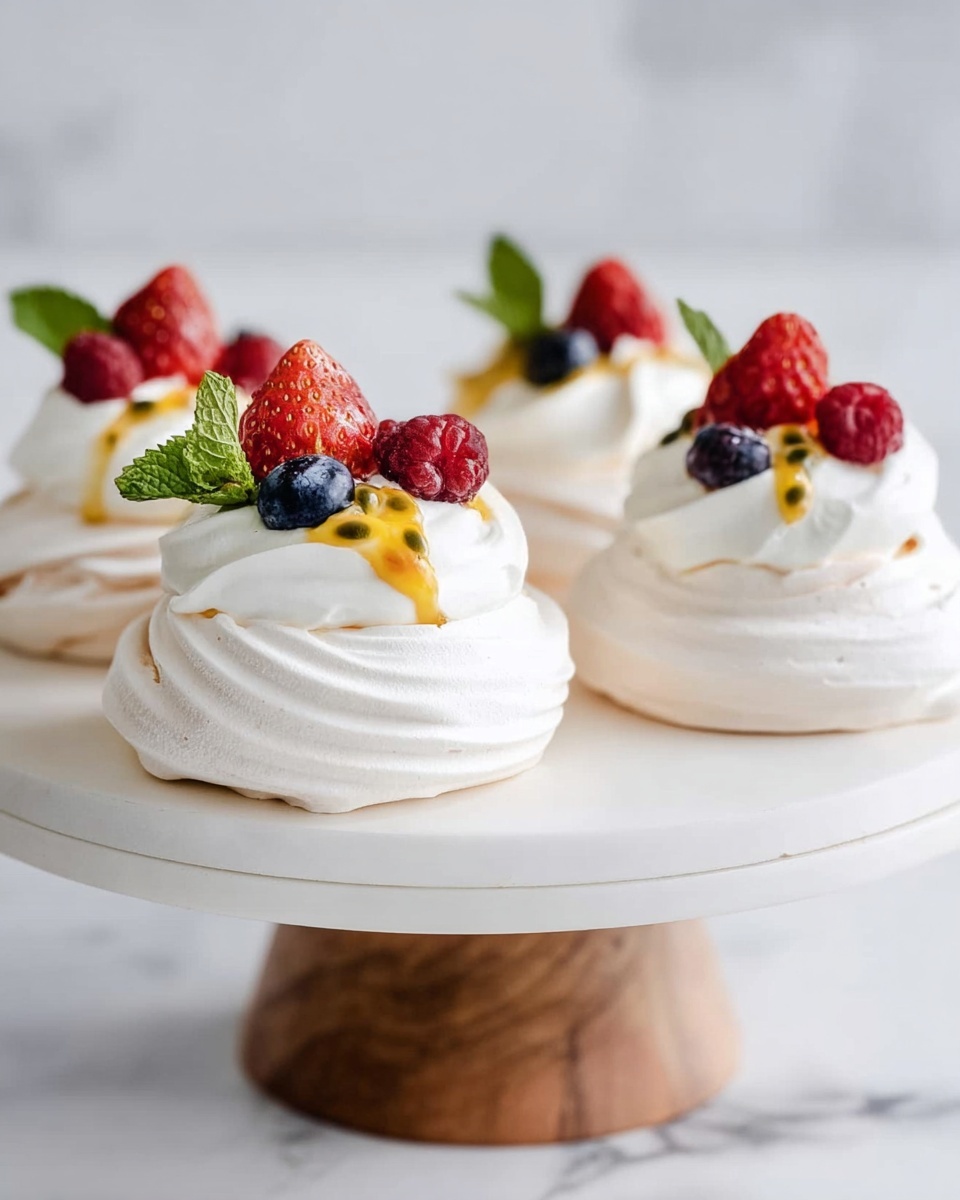 The image shows four small pavlova desserts on a white round cake stand with a wooden base. Each pavlova has two layers: a light cream-colored meringue base with a swirled texture, topped with a dollop of white whipped cream. On top of the cream, there is a mix of fresh berries including a red strawberry, a red raspberry, and a dark blue blueberry. A small green mint leaf is placed next to the berries, and a drizzle of bright yellow passion fruit sauce runs on the whipped cream. The background and surface are white with a marbled texture. photo taken with an iphone --ar 4:5 --v 7