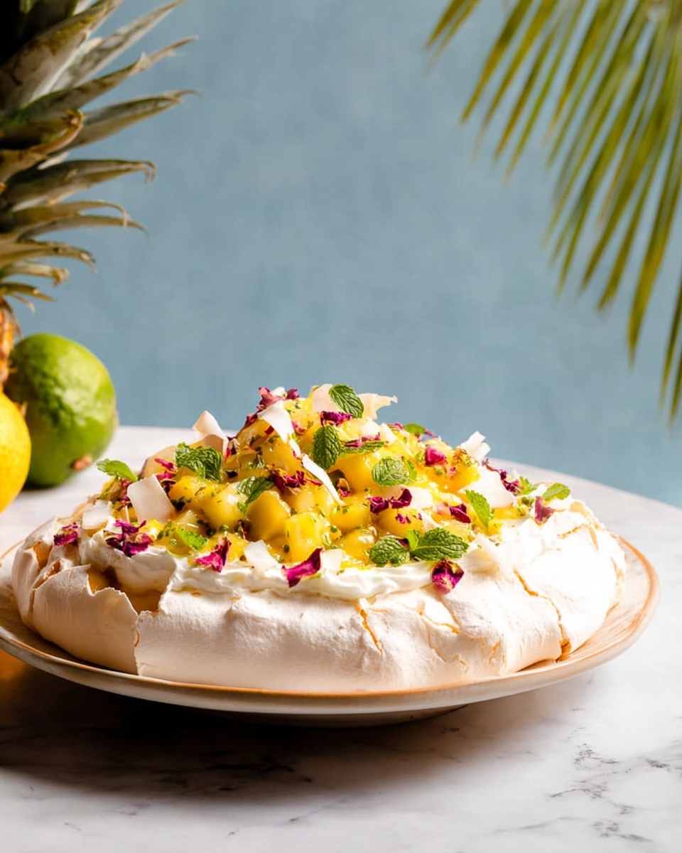 A thick round base of white meringue with a smooth and slightly cracked surface forms the first layer on a white plate. On top, there is a generous mound of bright yellow fruit filling with a shiny, juicy texture, mixed with small green mint leaves. Scattered over the fruit are pale, thin coconut slices and small dried pink flower buds, adding pops of color and texture. The scene is set on a white marbled surface with a pineapple and green fruit in the background. Photo taken with an iphone --ar 4:5 --v 7