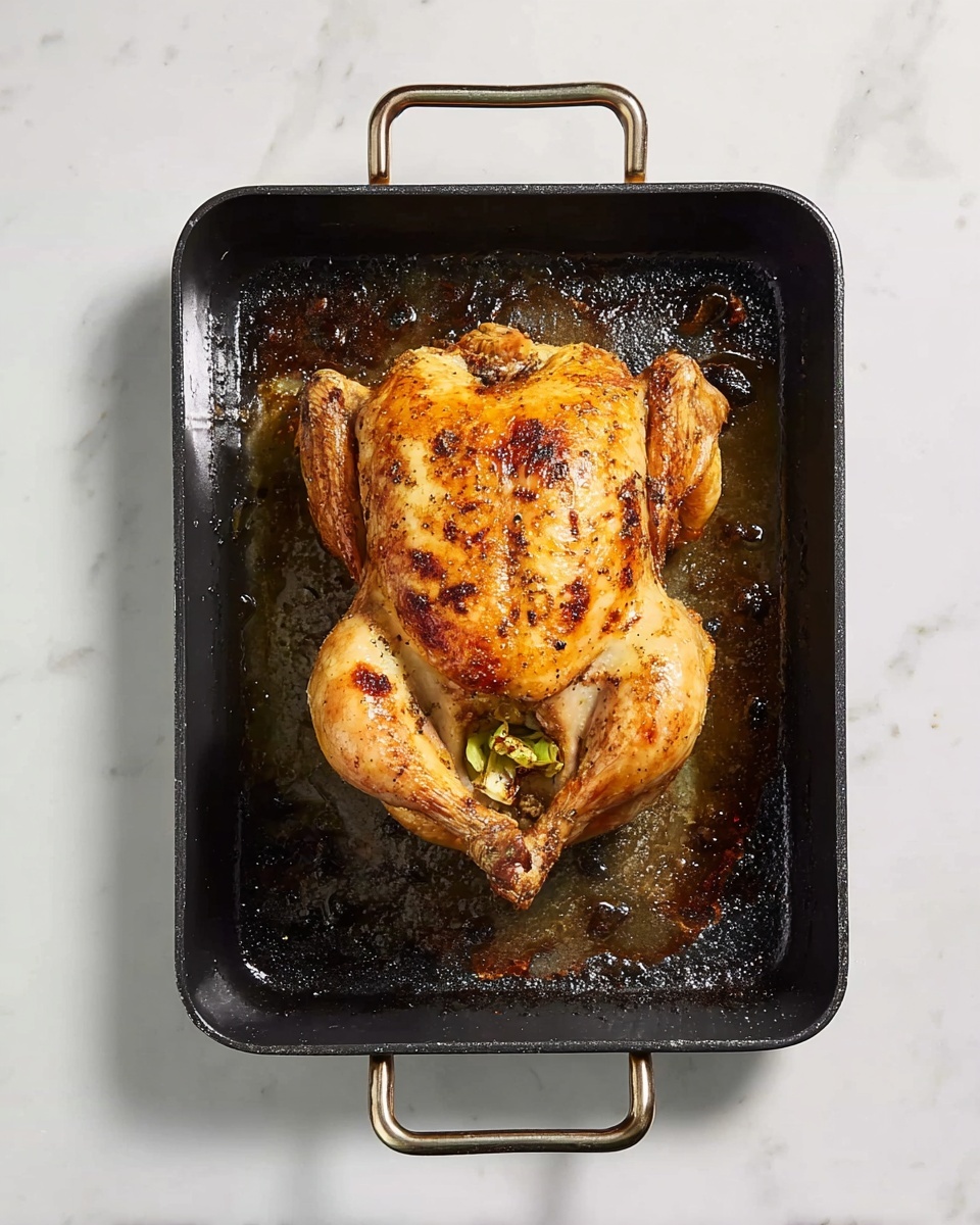 A whole roasted chicken with golden-brown, crispy skin lays in a rectangular black roasting pan with two metal handles at the top and bottom. The chicken's legs and wings are tucked close to its body, and its cavity shows a small piece of green vegetable inside. The pan shows dark browned bits and some oil residue, adding texture around the chicken. The background is a white marbled surface with soft lighting that highlights the chicken's browned skin. Photo taken with an iphone --ar 4:5 --v 7