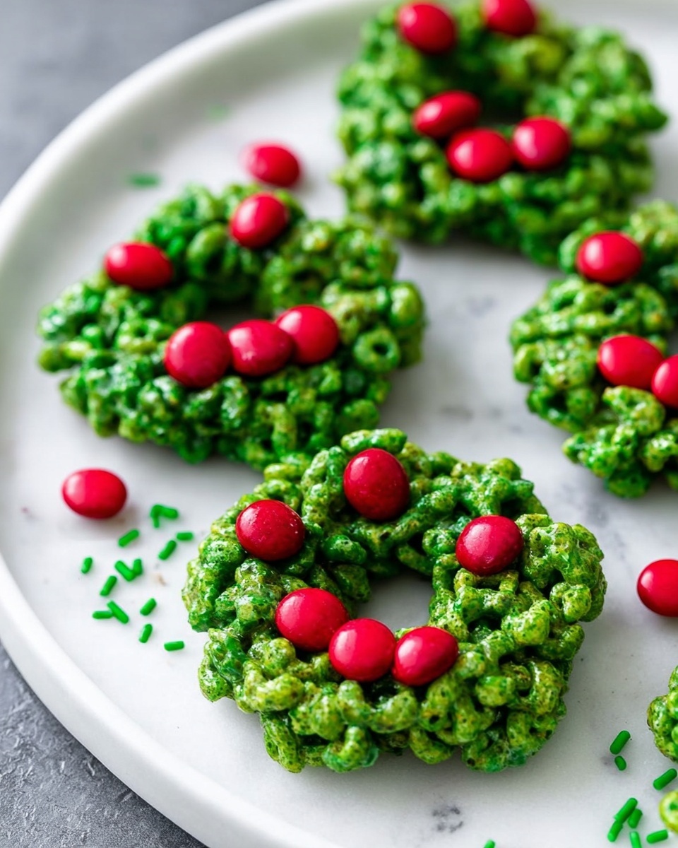 The image shows several small green wreath-shaped treats arranged on a white plate with a white marbled background. Each wreath has a shiny, textured surface made from tightly packed green cereal clusters, forming a ring with an open center. Bright red round candy pieces are placed in groups of two or three on top of each wreath, adding contrast to the green. There are a few extra red candies and green sprinkles scattered around the plate for decoration. The wreaths are thick and glossy, looking fresh and festive. photo taken with an iphone --ar 4:5 --v 7