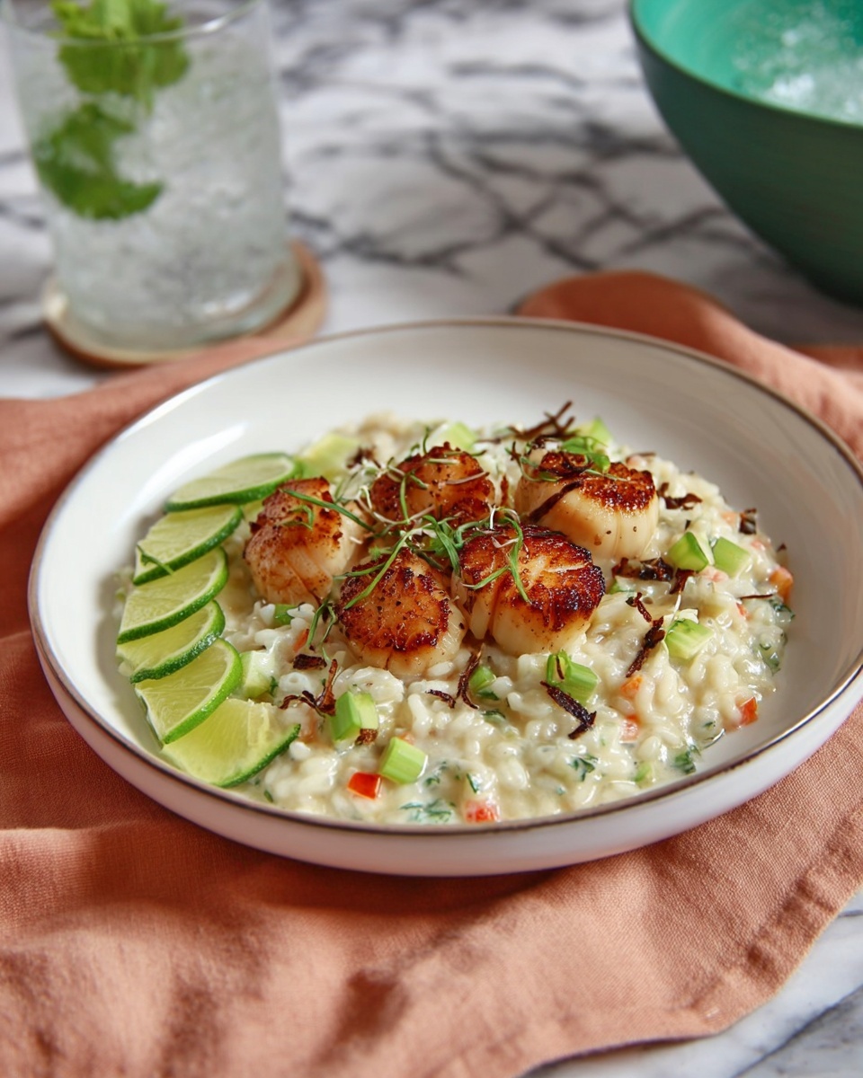 A white plate holds a creamy risotto mixed with small green herbs and tiny red chili pieces, spread evenly in a single layer. On top of the risotto, there is a stack of six browned scallops arranged in two layers, three on the bottom and three on top, each scallop showing a crispy golden surface. Scattered around the scallops are small pieces of light brown fried onions and diced green cucumber. On the left edge of the plate, four thin lime slices are arranged in a fanned-out pattern. The plate is placed on a white marbled textured surface with a pink towel partially visible underneath. Photo taken with an iphone --ar 4:5 --v 7