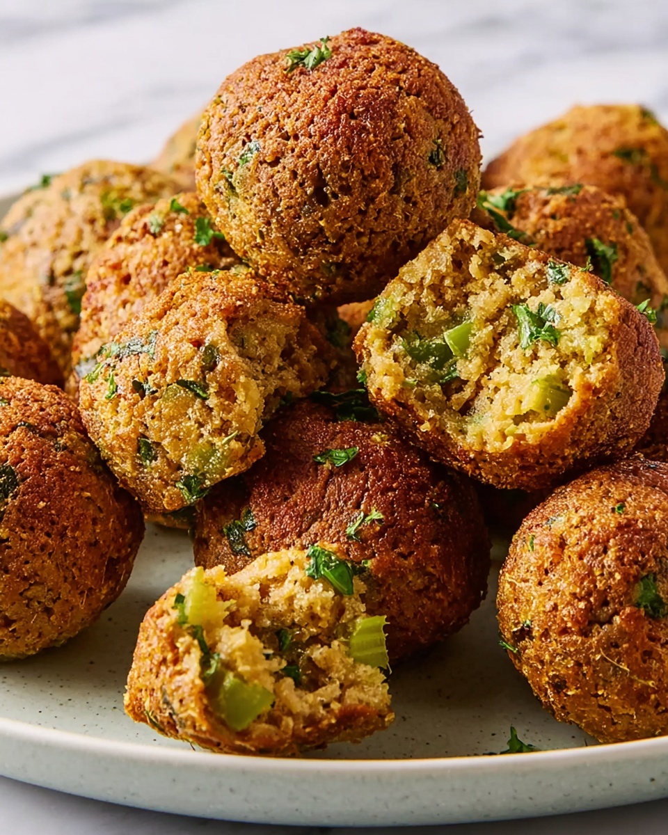 A white plate holds eight round, golden-brown fried balls with a crispy, rough outside texture. The balls are placed loosely together in the center of the plate, which is set on a white marbled surface with a light gray cloth nearby. The fried balls have irregular shapes with small green and brown bits visible on the surface, showing a crunchy and textured look. photo taken with an iphone --ar 4:5 --v 7