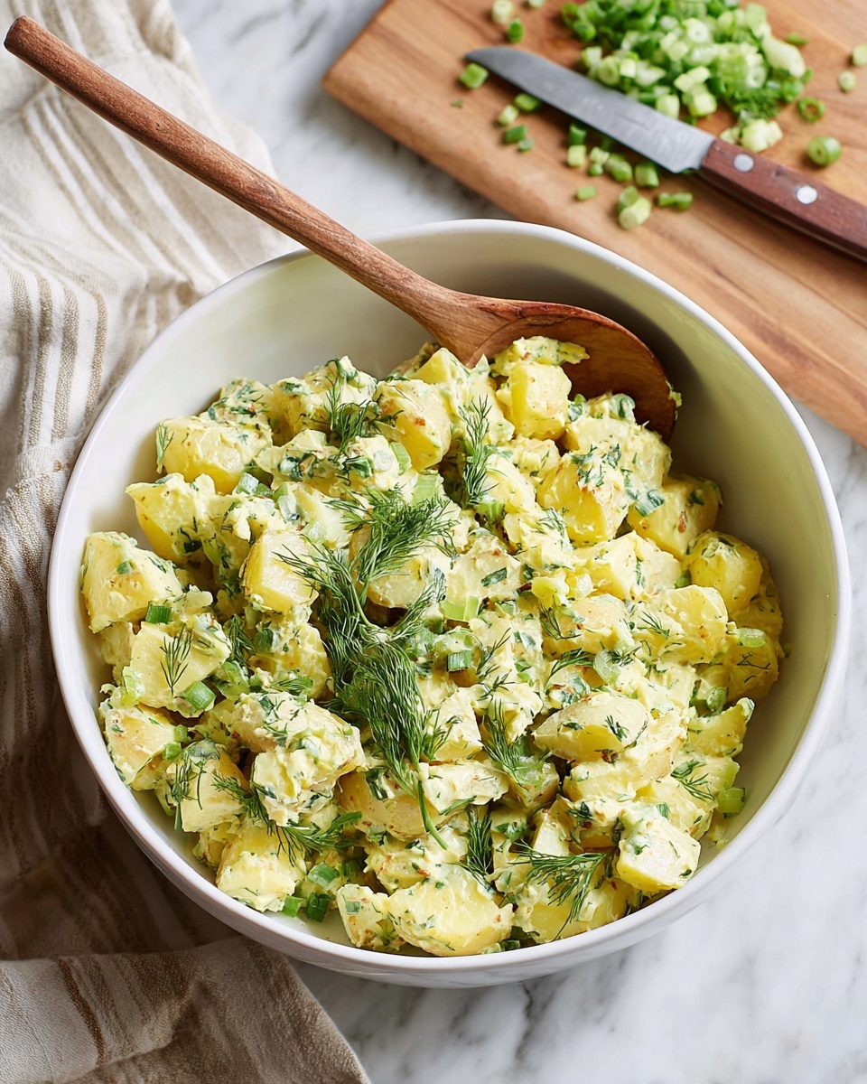 A close-up view of a white bowl filled with chunky potato salad that has about three layers: large white potato pieces on top, diced boiled eggs with yellow yolks mixed inside, and finely chopped green herbs and celery scattered throughout, giving the dish a mix of creamy white, yellow, and fresh green colors. A woman’s hand is holding the bowl steady while another woman’s hand stirs the salad with a wooden spoon, showing the texture of the creamy dressing coating the ingredients. The scene is set on a white marbled surface with a jar of pickles partially visible in the background photo taken with an iphone --ar 4:5 --v 7