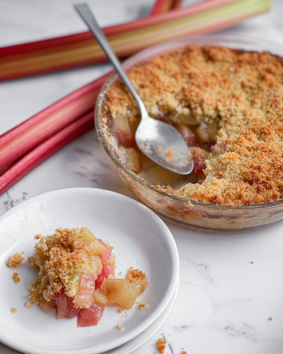 A round clear glass dish with a golden brown crumbly top layer, slightly uneven and crispy, revealing a soft, juicy inside layer of pink and light yellow fruit chunks beneath. A silver spoon rests inside the dish, partially covered with crumbs and fruit juices, showing a scoop taken out. In the foreground, a white plate holds a small portion of the fruit dessert with crumbs scattered beside it. The background shows two long, thick stalks of rhubarb resting on a white marbled surface. Photo taken with an iphone --ar 4:5 --v 7