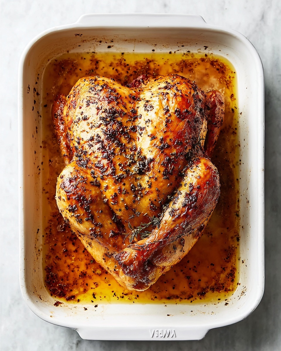 A single, large piece of roasted chicken with a golden-brown skin sits in the center of a white rectangular baking dish. The chicken is covered with small, dark specks of herbs and seasoning, giving it a textured look, and a layer of shiny cooked oil and juices pools around its base, creating a rich amber border. The chicken's surface shows uneven browning with some darker charred spots mostly near the edges. The baking dish is placed on a white marbled surface, highlighting the warm colors of the roasted chicken. Photo taken with an iphone --ar 4:5 --v 7