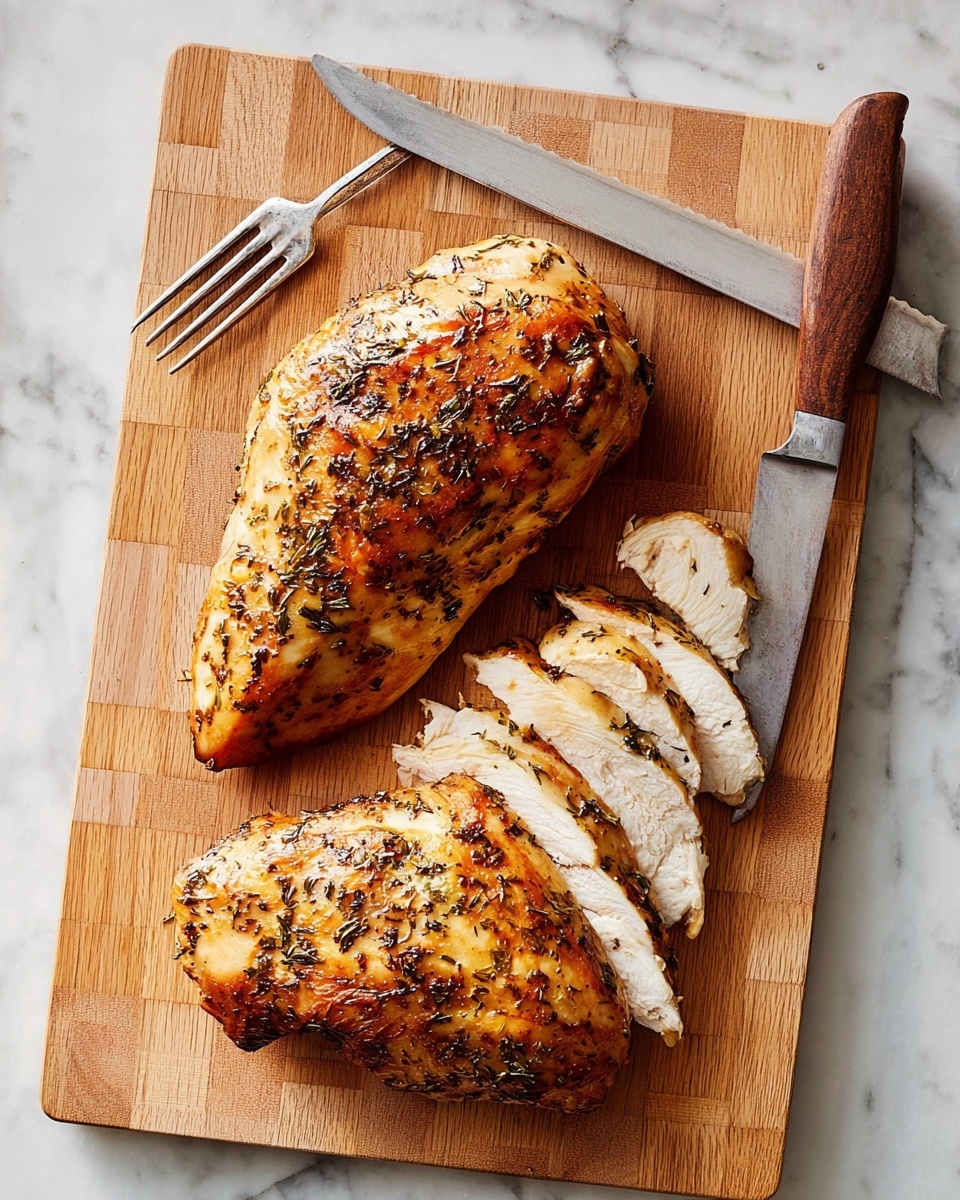 Two large pieces of cooked chicken with a golden brown top sprinkled with black herbs sit on a light wooden cutting board with a smooth texture and square pattern. One piece is whole and on the top left, the other is on the bottom right and partially sliced into about five even pieces showing white cooked meat inside. A knife with a wooden handle lies diagonally at the bottom right next to the sliced chicken. Above the whole piece, there is a fork with a similar wooden handle placed flat. The cutting board is set on a white marbled surface. Photo taken with an iphone --ar 4:5 --v 7