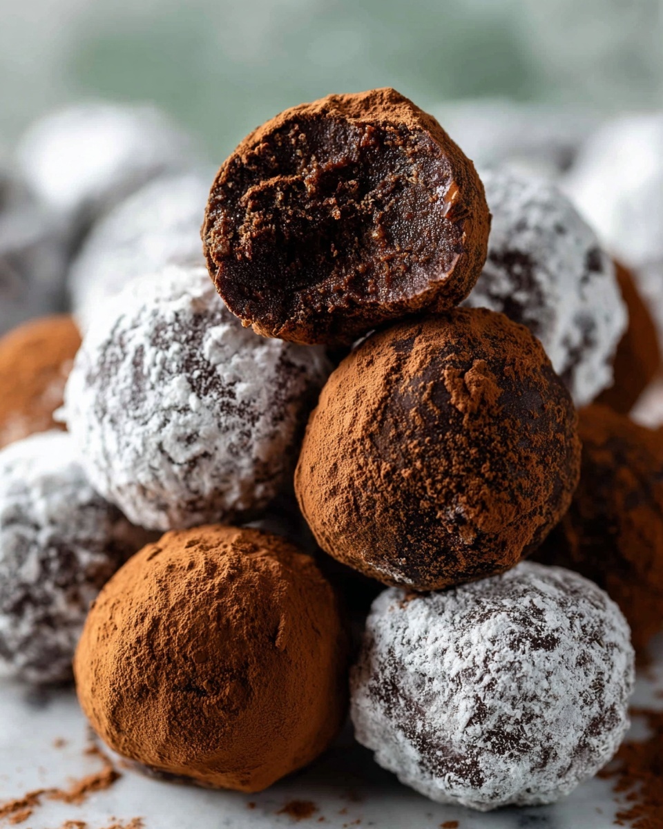 The image shows a close-up of round chocolate truffles piled together on a white marbled surface. The front layer has three truffles covered with dark cocoa powder, giving them a rich brown color and a slightly rough texture. Behind them are truffles that are coated in white powdered sugar, showing a soft and powdery texture. One truffle is broken in half and placed on top, revealing a dense and crumbly dark brown inside. The truffles have uneven surfaces, making them look homemade and rich. The overall color scheme is dark and white with a mix of powder textures. photo taken with an iphone --ar 4:5 --v 7