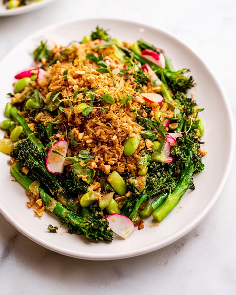 A white plate on a white marbled surface holds a colorful dish with two main layers. The bottom layer is green broccolini with long stalks and small heads, mixed with pieces of bright green edamame and thin slices of red and white radish. On top, there is a layer of crispy, golden brown fried rice with a slightly crunchy texture, sprinkled with chopped roasted peanuts and small green herb leaves, adding texture and color contrast. The dish looks fresh and crunchy with a mix of natural green, red, white, and golden brown colors. Photo taken with an iphone --ar 4:5 --v 7