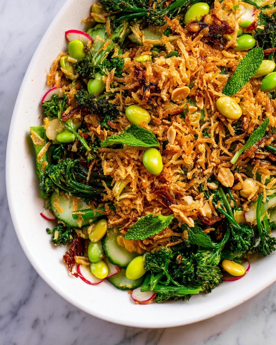 The dish shows a close-up of a white bowl filled with several layers. The bottom layer is made of small green vegetables like broccolini and chopped cucumbers, with bits of red radish scattered around. The middle layer has bright yellow-green edamame beans mixed with more fresh greens and small mint leaves. The top layer is golden brown crispy rice, unevenly spread with some crunchy peanuts sprinkled on top. The colors are vibrant with dark greens, bright reds, and golden brown all visible against the white bowl and white marbled surface. Photo taken with an iphone --ar 4:5 --v 7
