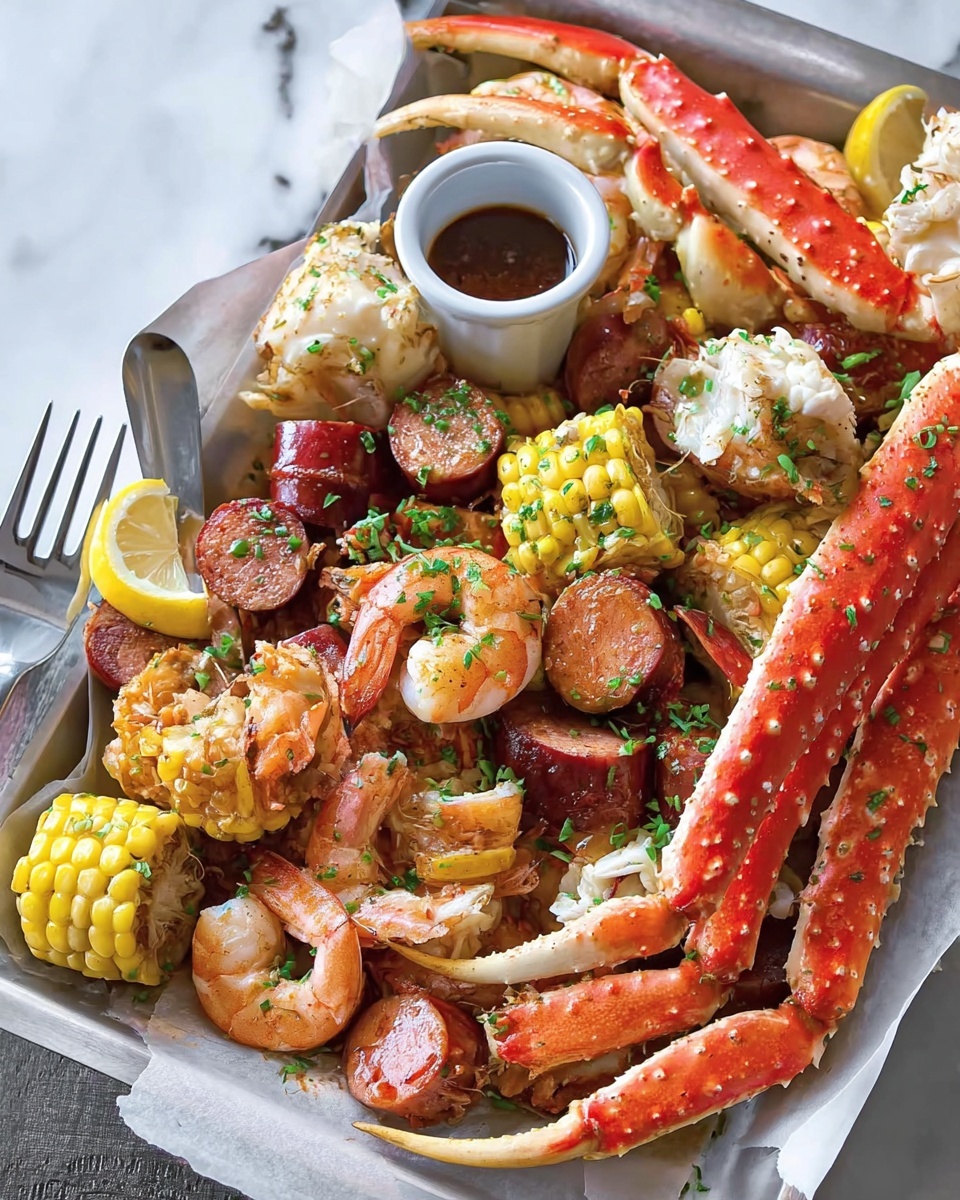 The dish is a large white tray filled with different cooked seafood and vegetables. In the front, there are split lobster tails with white flesh and red shells, sprinkled lightly with green herbs. Next to the lobster are large crab legs with bright red and white shells. Behind these are thick slices of dark reddish sausage. Pink shrimp with shells on are scattered on top and around, while whole mushrooms add dark brown spots near one side. To the back right, yellow corn pieces cut into rounds are piled with a few lemon wedges nearby. There are also red potatoes cut in half at the back left. A whole head of garlic with a light golden top is visible near the mushrooms. The tray sits on a white marbled surface, and a woman's hand is seen holding crab leg tongs near the right side. photo taken with an iphone --ar 4:5 --v 7
