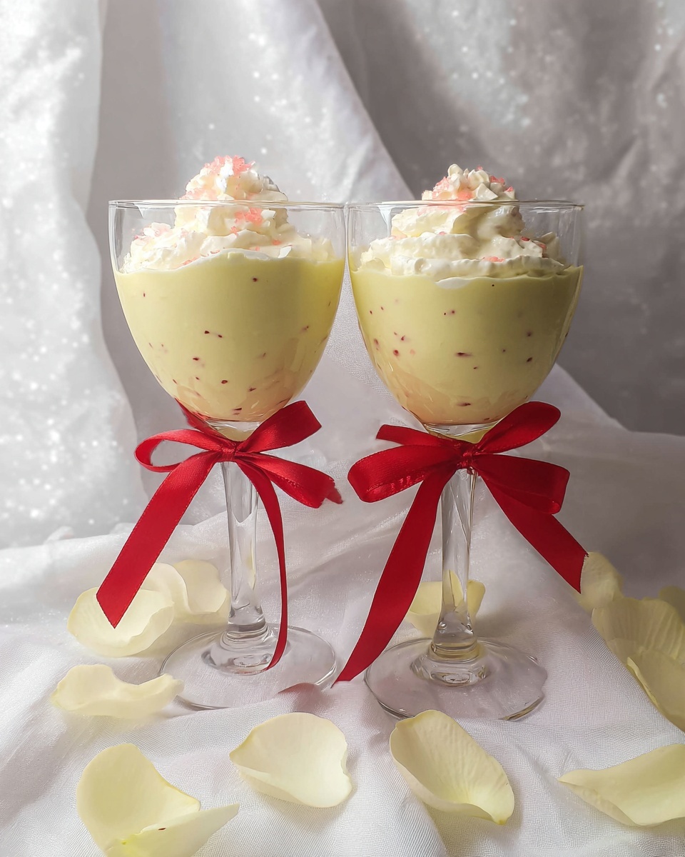 Two clear tall glass cups each have two layers. The bottom layer fills most of the glass with a smooth pale yellow cream that has tiny black dots. On top, there is a thick white whipped cream layer with small light pink pieces mixed in. Each glass has a shiny red ribbon tied around the stem into a neat bow. The glasses are placed on soft white fabric with light yellow flower petals scattered around. The backdrop is white with a soft draped texture. photo taken with an iphone --ar 4:5 --v 7