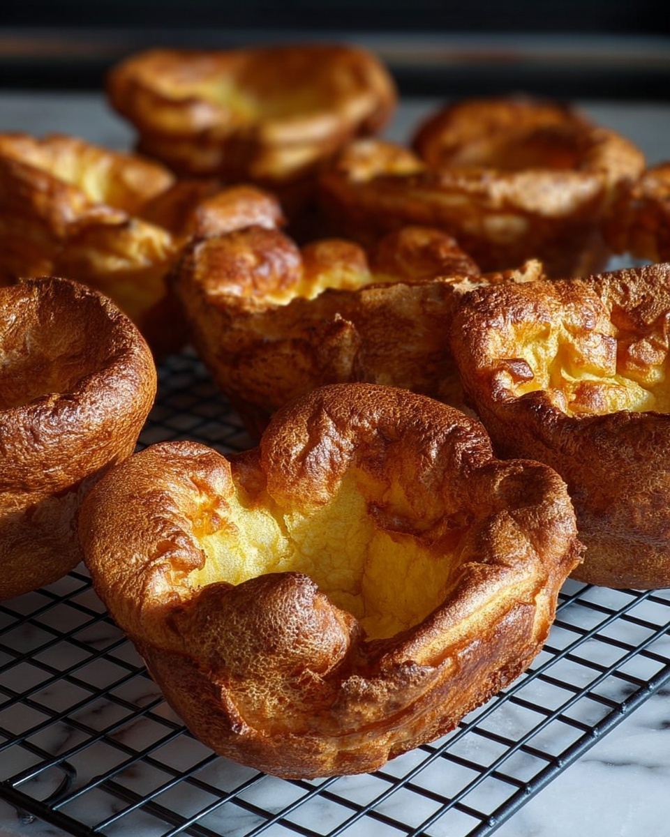 The image shows several golden-brown Yorkshire puddings cooling on a black wire rack. Each pudding has a puffed, crisp outer layer with a rough, uneven texture and a hollow center that dips inward. The puddings vary slightly in shape but all show a rich amber to darker brown color, highlighting the crispiness of the outer crust. The white marbled surface under the rack contrasts with the warm tones of the puddings, making them stand out. Photo taken with an iphone --ar 4:5 --v 7