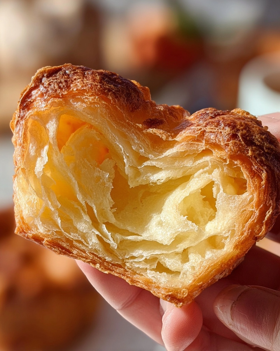 A close-up view of a golden brown puff pastry held between a woman's hand's fingers. The pastry has a crispy, textured outer crust with a shiny, slightly darker orange-brown surface. The inside shows soft, light yellow layers with a fluffy and airy texture, revealing multiple thin layers peeling apart. The background is softly blurred with hints of warm colors and out-of-focus objects. photo taken with an iphone --ar 4:5 --v 7