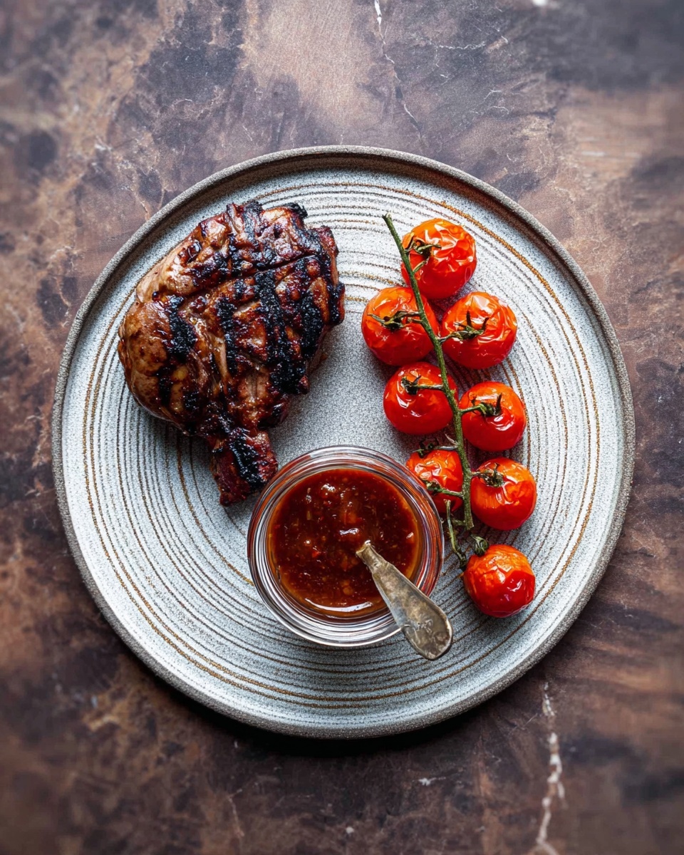 On a round black plate with a subtle floral pattern, there is a grilled piece of meat on the left side that has a dark brown charred crust with slightly crispy edges and visible grill marks. On the top right, a small bunch of bright red cherry tomatoes still on the vine adds a pop of color and a glossy texture. Below the tomatoes, a small clear glass bowl contains a thick red sauce, with a small silver spoon resting inside it. The plate is placed on a dark wooden surface. A red meat thermometer lies partly on the surface and partly on the plate near the bottom right corner. photo taken with an iphone --ar 4:5 --v 7