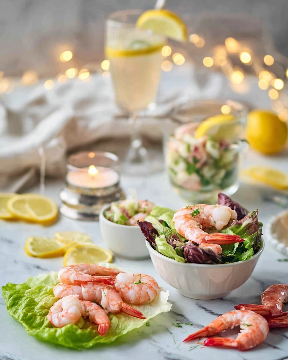 The image shows a shrimp salad served in different clear and white containers on a white marbled surface. In the foreground, there is a white bowl filled with leafy greens topped with several pink shrimp, next to a green lettuce leaf holding four pink shrimp with some small green herbs on top. Nearby are two whole red shrimp and a small lit candle in a silver holder. Behind this, there are two small white bowls and a clear glass filled with a mix of chopped lettuce and pink shrimp garnished with a slice of yellow lemon on the rim. Scattered around are multiple thin lemon slices and wedges. In the background, a clear glass with a pale drink and a straw is visible, with a blurry white cloth and warm yellow lights adding a soft glow. Photo taken with an iphone --ar 4:5 --v 7