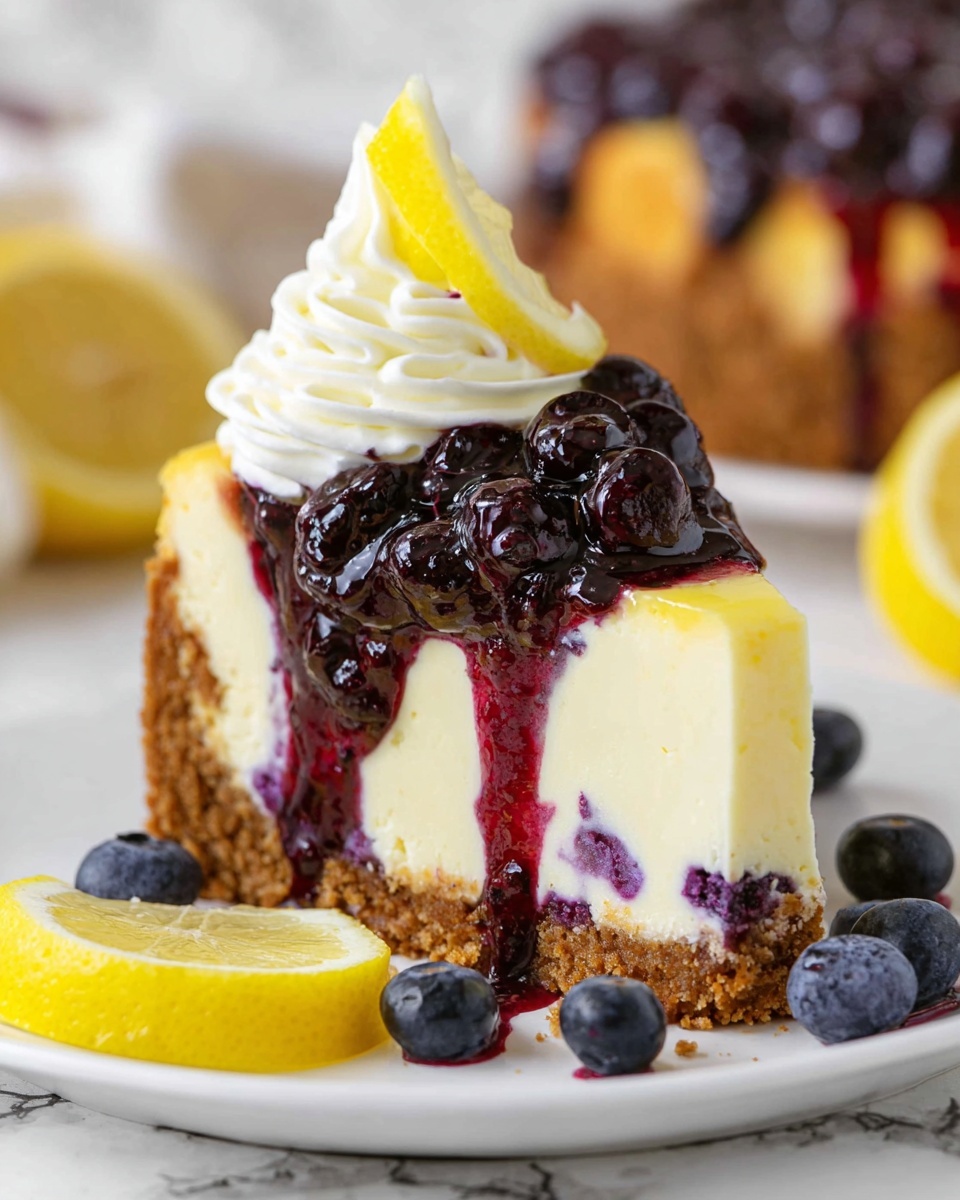 The image shows a round cheesecake with a thick, golden brown crumb crust as the bottom and sides layer. On top, there is a smooth, pale yellow creamy layer. The next layer is a shiny, dark purple blueberry topping with whole blueberries spread evenly across the entire surface. Around the edge of the cheesecake, five swirls of white whipped cream are placed, each topped with a thin, bright yellow lemon slice. The cheesecake is on a white plate, and there are extra blueberries and lemon slices around the plate on a white marbled surface. In the background, there is a white bowl filled with fresh blueberries and some whole lemons. Photo taken with an iphone --ar 4:5 --v 7