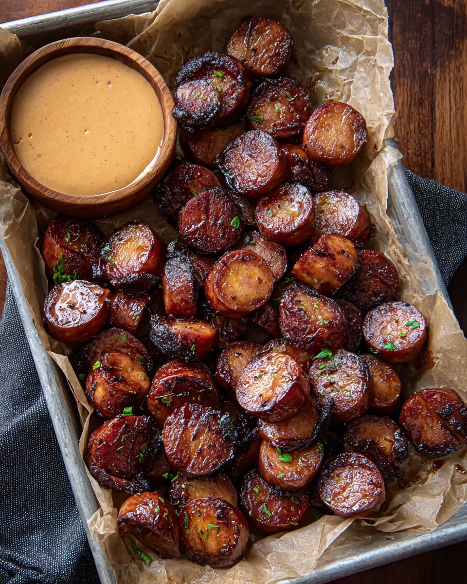The image shows a close-up of many pieces of cooked sausage slices in a white tray. The sausages have a rich, deep brown color with some blackened, crispy edges, showing a shiny, oily texture that reflects light. The pieces vary slightly in size and shape, with some showing a spiral cut and others being simple round slices. The background is a blurred white marbled surface, and there is a small portion of white creamy sauce seen at the top right corner. Photo taken with an iphone --ar 4:5 --v 7