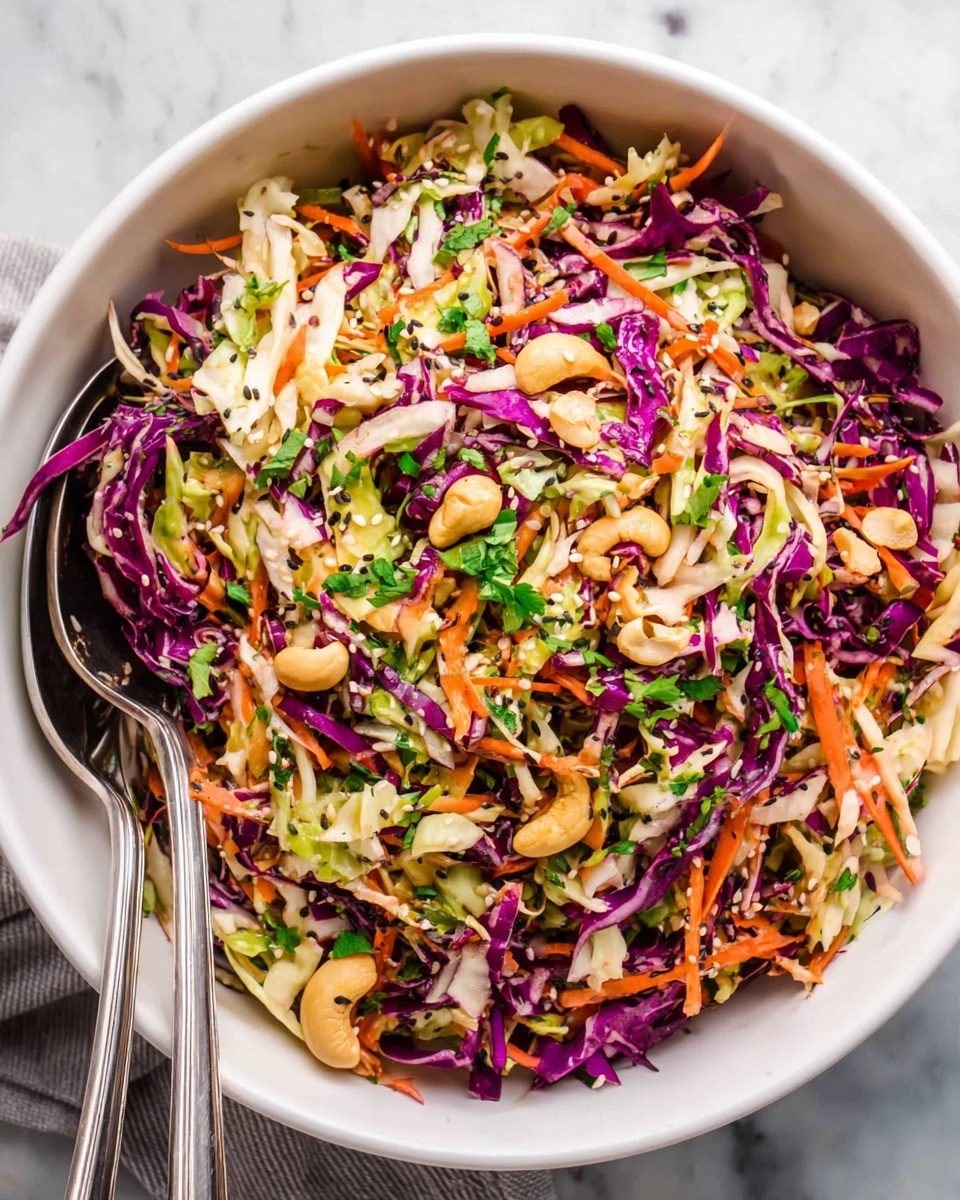 A white bowl filled with a colorful layered salad, with shredded purple cabbage showing deep purple and white shades as the top layer mixed with thin orange carrot strips and hints of light green cabbage throughout. Mixed in are scattered light beige cashew nuts and small black sesame seeds, along with chopped fresh green herbs sprinkled evenly on top. The salad has a fresh, crunchy texture with each thin vegetable layer easily visible. A pair of metallic silver forks rest inside the bowl on the left side. The bowl sits on a white marbled surface. Photo taken with an iphone --ar 4:5 --v 7