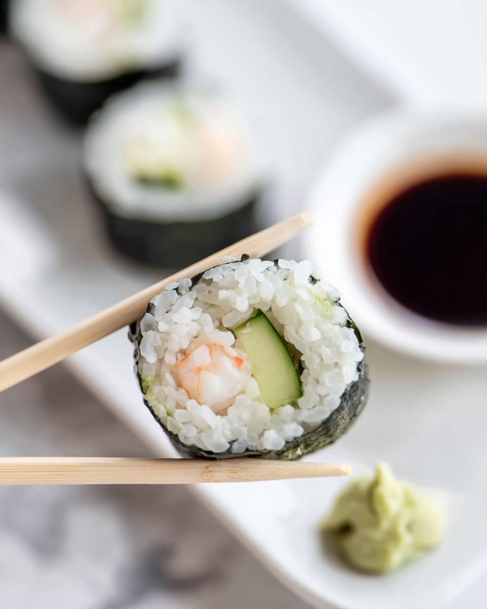 The image shows six sushi rolls arranged in a row on a white plate. Each sushi roll has a dark seaweed outer layer, with white rice inside. Visible inside the rice are small pieces of light pink and green ingredients, likely fish and cucumber. The plate sits on a white marbled surface, with wooden chopsticks resting above the plate. The image has a soft focus, showing the textures of the rice and seaweed clearly. Photo taken with an iphone --ar 4:5 --v 7