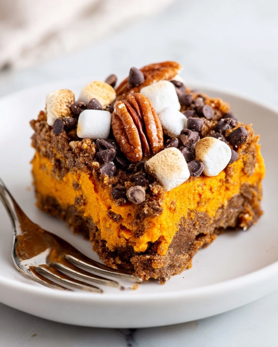 A thick square piece of dessert sits on a white plate over a white marbled surface. The dessert has two main layers: the bottom layer is bright orange and soft-looking, while the top layer is thicker, brown, and textured with small chunks. The top is decorated with whole pecans, dark chocolate chips, small toasted marshmallows, and a light sprinkle of coarse salt. A silver fork rests partially under the dessert, with its prongs touching the orange layer. Photo taken with an iphone --ar 4:5 --v 7