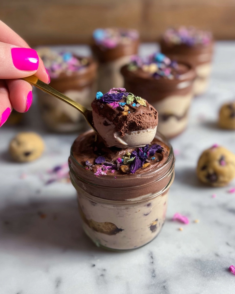 A close-up shows a spoon held by a woman's hand with bright pink nail polish, scooping a thick, dark brown chocolate layer on top of a lighter brown creamy layer in a clear glass jar. The dark chocolate layer is sprinkled with small pieces of purple, blue, and green toppings. The jar sits on a white marbled surface with small cookie dough balls dotted with colorful bits scattered around. More jars with layered creamy and cookie dough-like bases are blurred in the background. Photo taken with an iphone --ar 4:5 --v 7